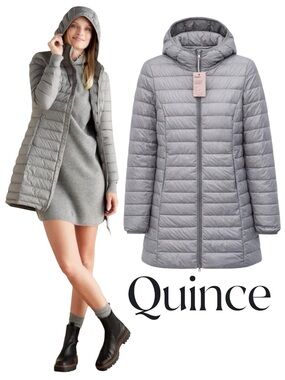 NWT Quince Hooded Lightweight Down Puffer Coat Long Jacket Gray XS Packable Warm